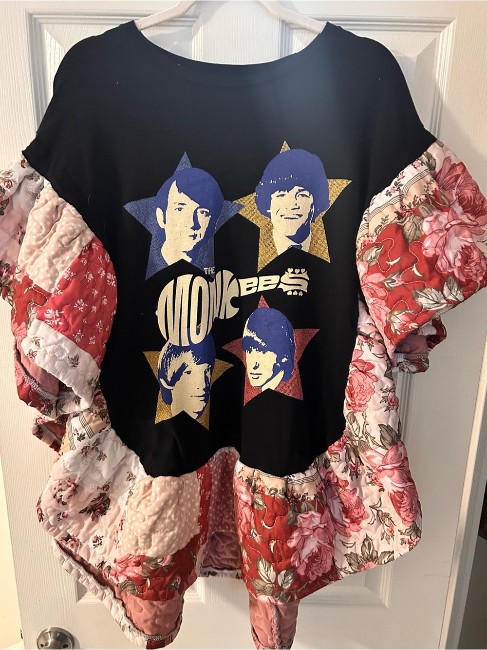 The Monkees Graphic Black Upcycled Tunic with Pink Floral Patchwork Ruffle